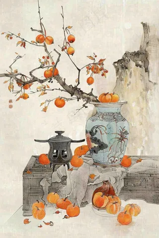 水墨画静物速写柿子花瓶柜台秋天立秋中国风插画背景