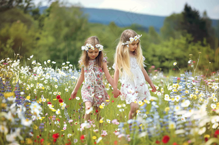 春天花丛里花仙子小女孩摄影图