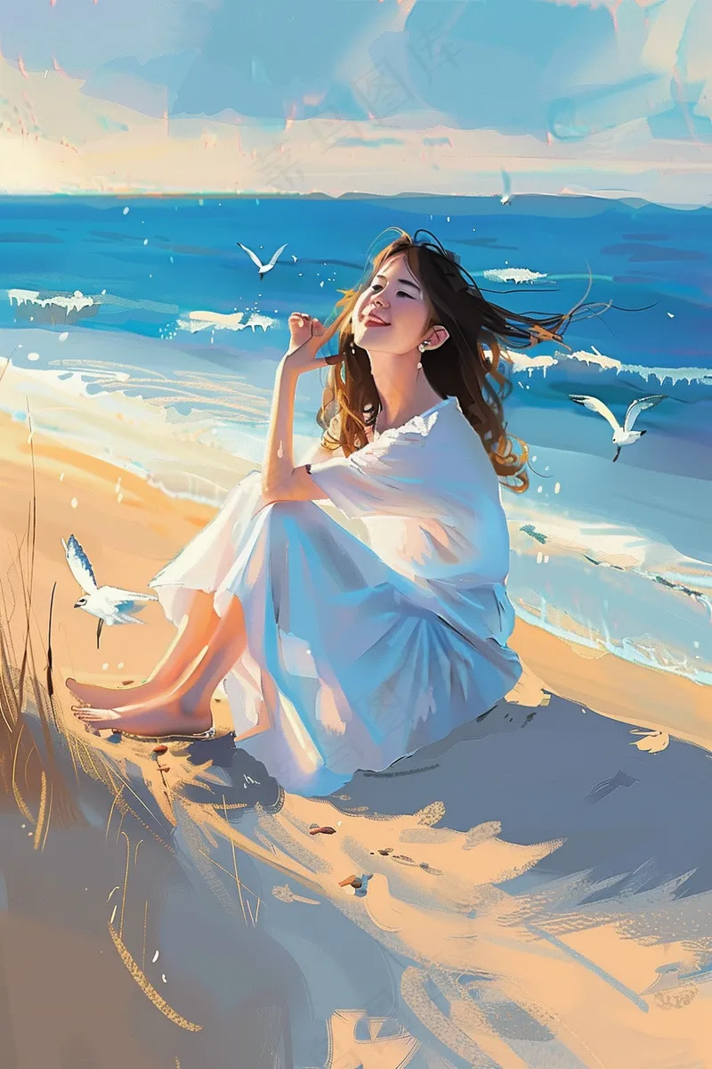 夏日海边沙滩美女海鸥清凉插画背景(2688x4032)