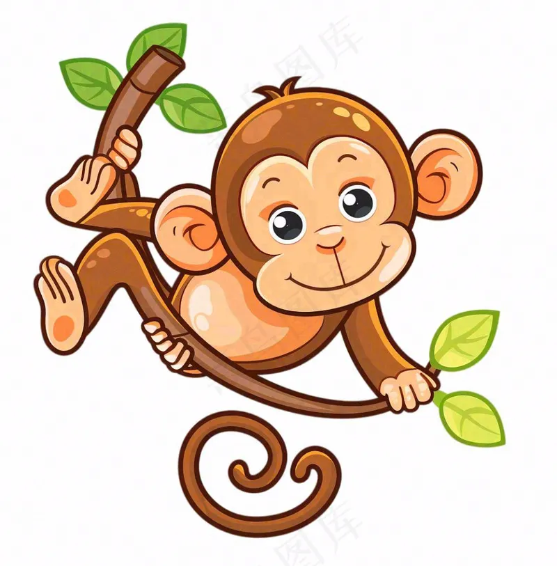 猴子挂着树枝上玩乐动物卡通插画免抠(1024x1040)