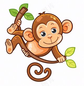 猴子挂着树枝上玩乐动物卡通插画免抠