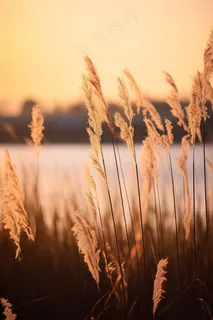 芦苇荡夕阳下美丽芦苇花摄影图