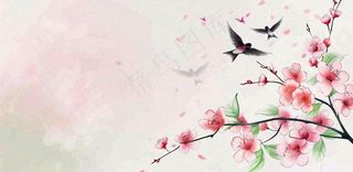 手绘中国风古风春天桃花燕子插画海报背景