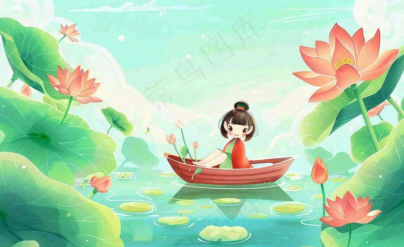夏日荷叶荷塘女孩坐着船上大暑小暑夏天风景立夏卡通插画背景(1408x864)