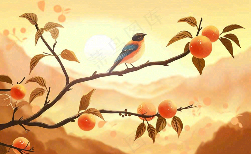 秋天柿子树枝条的小鸟夕阳西下日出金秋秋分立秋重阳插画背景(1408x864)