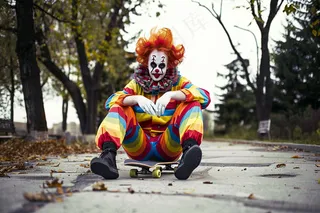 坐着滑板上的小丑愚人摄影图