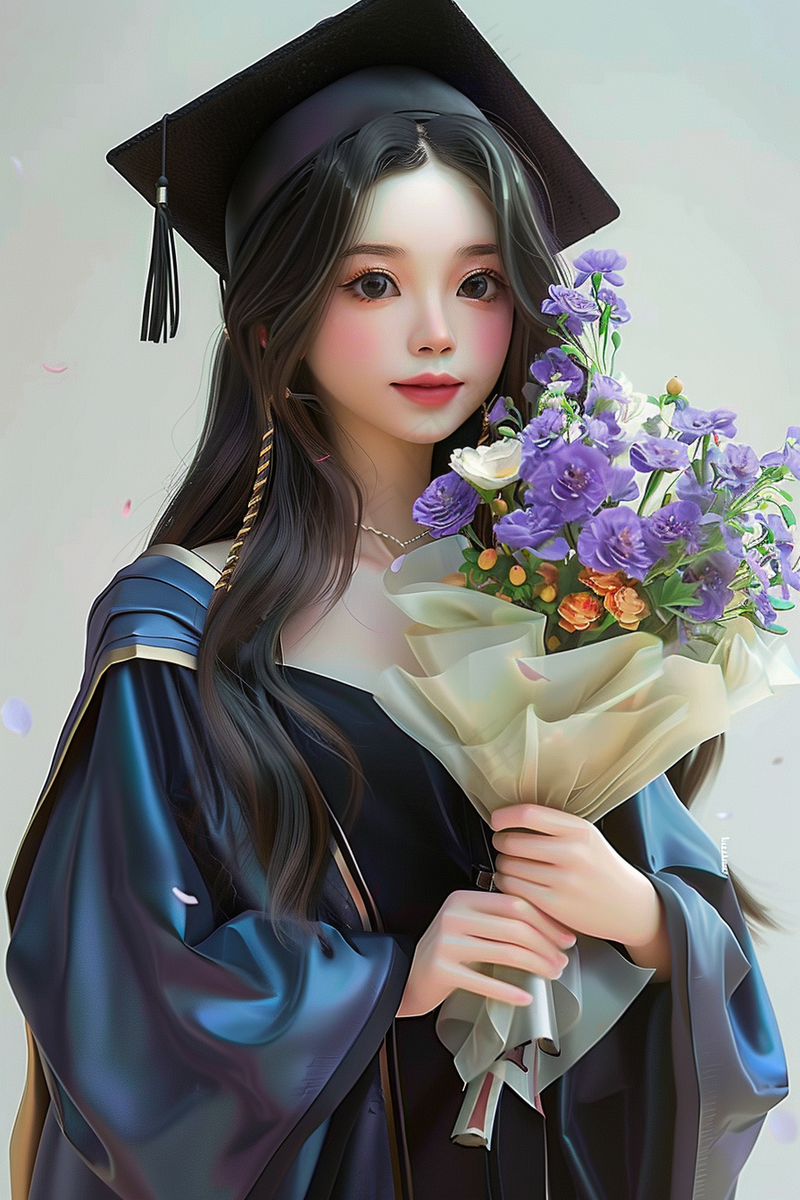 毕业季学士服花束毕业啦3d插画人物建模(2688x4032)