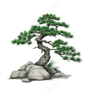松树石壁上的迎客松古风水墨画插画免抠