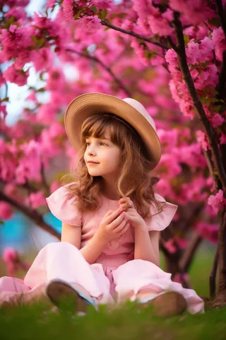 春天樱花树下的女孩唯美粉色背景摄影图