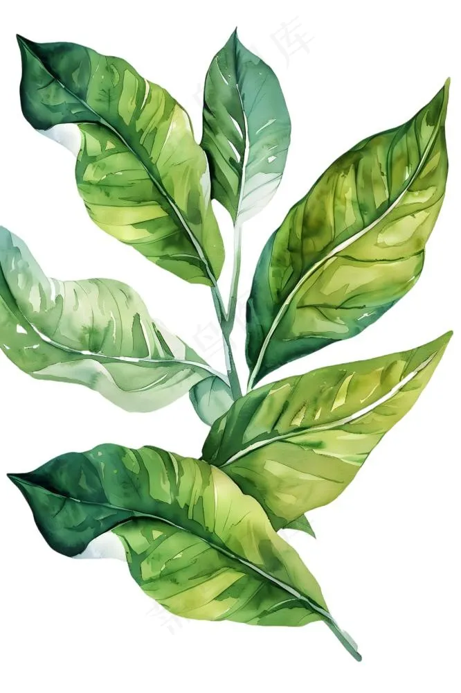绿叶热带植物手绘插画插图免抠(1266x1900)