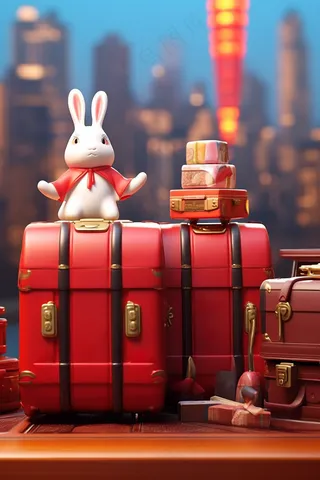 新年春节白兔坐在礼物礼盒灯火灯笼喜庆摄影图