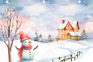 可爱雪景雪人木屋插画背景