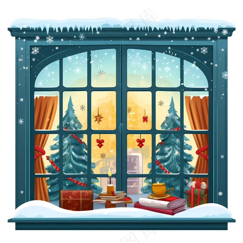 免抠圣诞雪景窗户