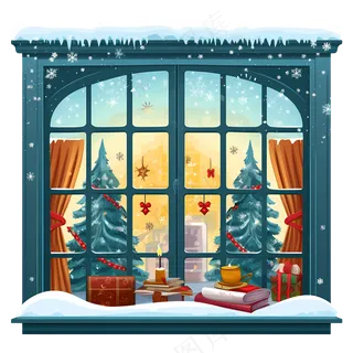 免抠圣诞雪景窗户
