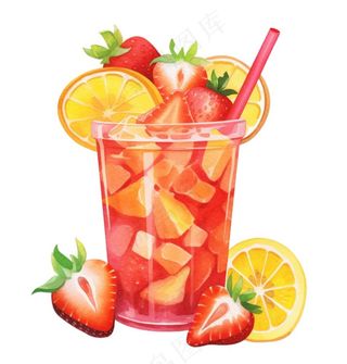 水果茶饮料草莓菠萝橙子柠檬水彩插画免抠