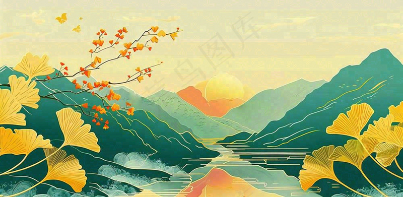 国潮风中国山水秋天落日银杏青山中秋重阳插画背景(1568x768)