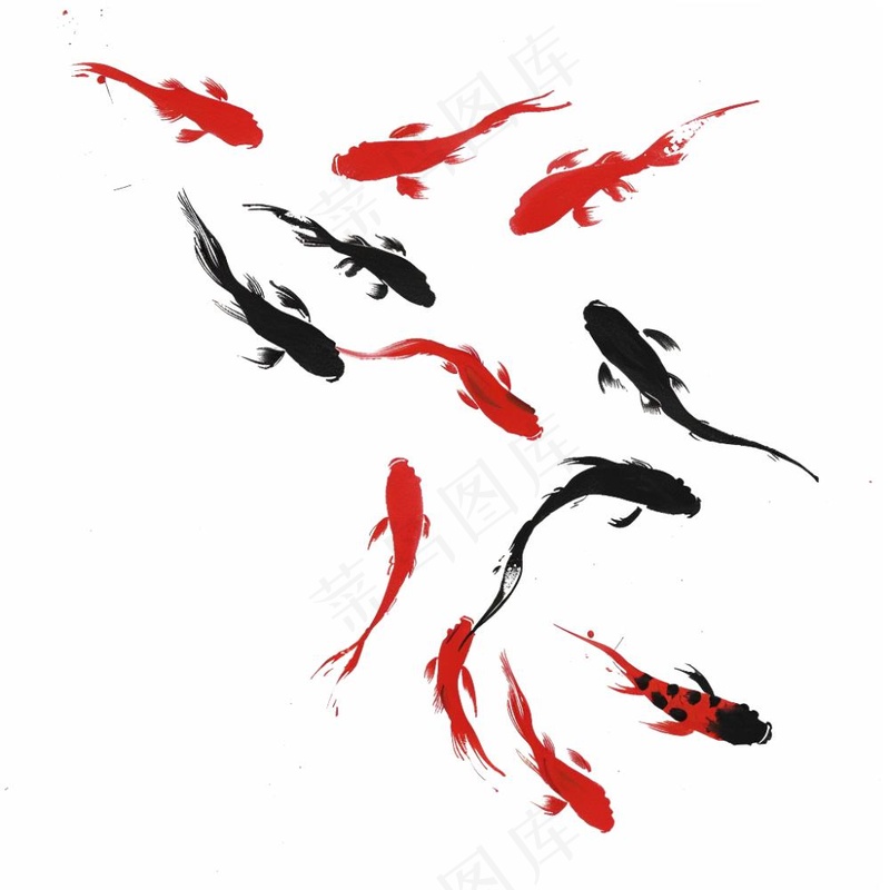 锦鲤红黑水墨画中国风插画免抠(1024x1024)