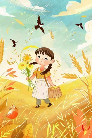 秋意浓丰收季女孩农场采收大雁芒种立秋秋分插画背景