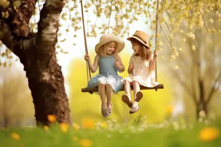 秋天荡秋千的女孩童话公主摄影图