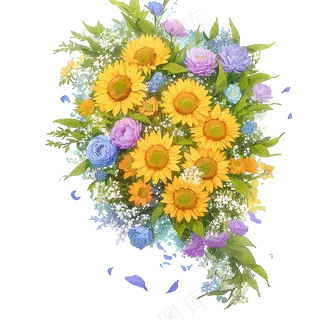 黄色 绿色 手绘 花丛 免抠 素材 14