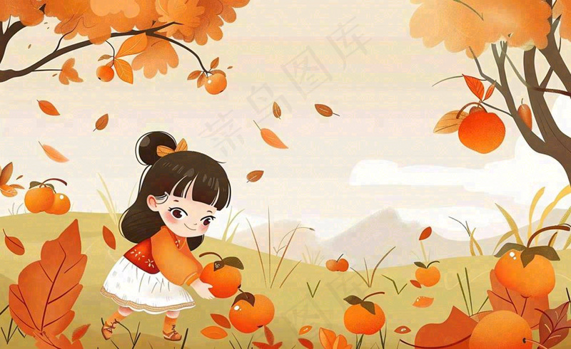 秋天摘水果的女孩果树落叶秋分立秋卡通插画背景(1408x864)