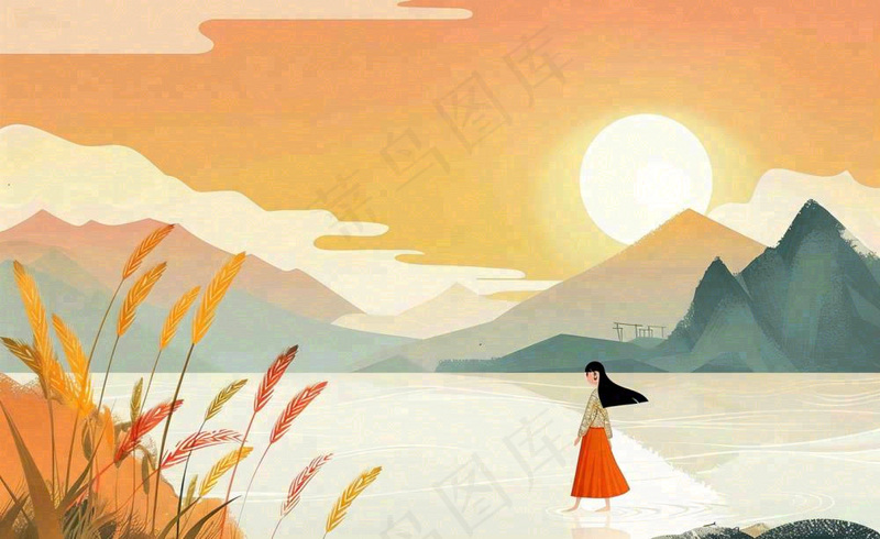 秋天夕阳下山水飞鹤女孩芦苇白露寒露插画背景(1408x864)