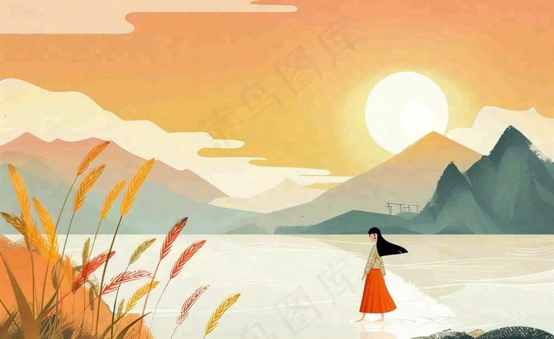 秋天夕阳下山水飞鹤女孩芦苇白露寒露插画背景(1408x864)