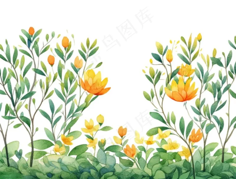 春季春天花草植物水彩鲜花花卉枝叶插画免抠(1264x960)
