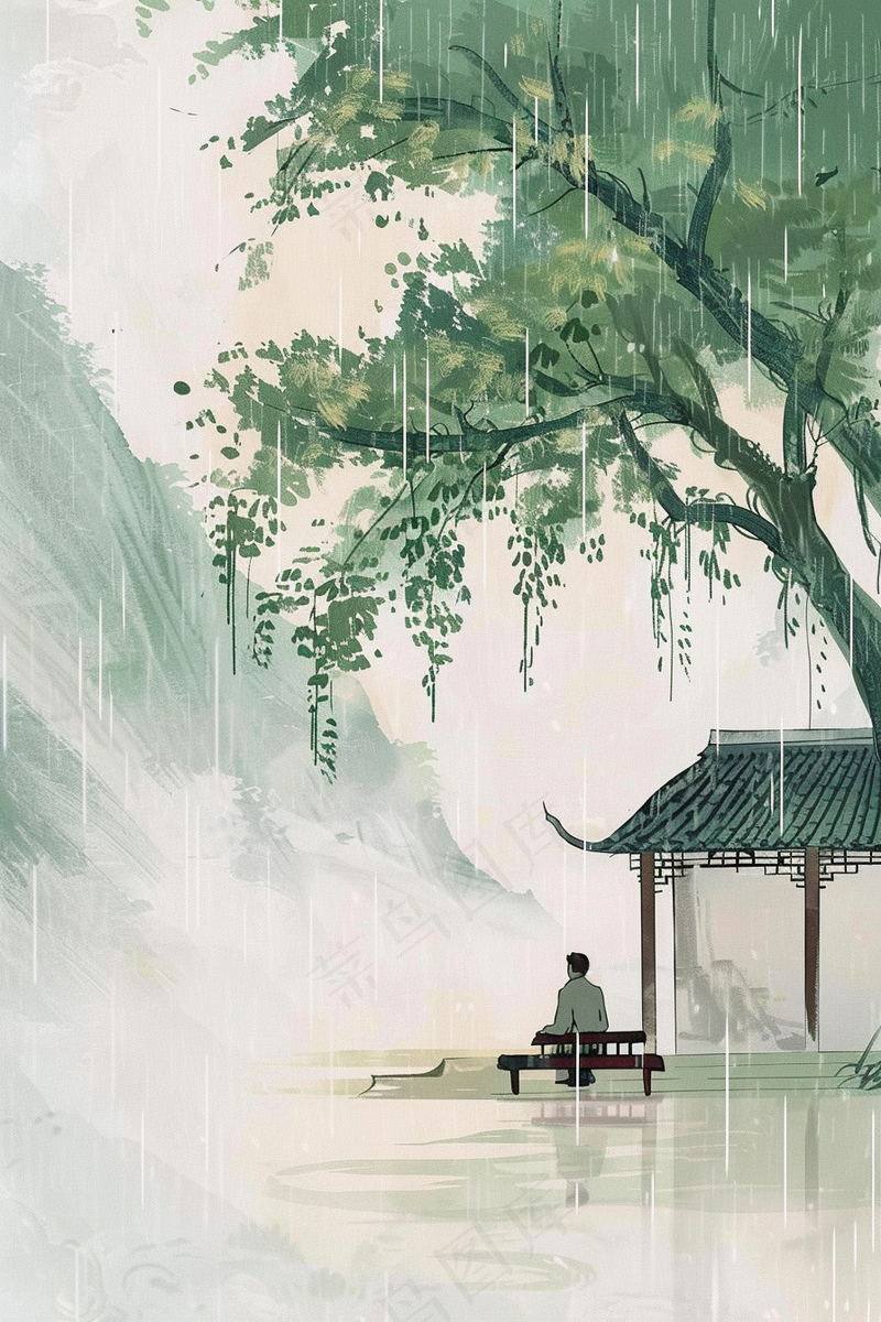 水墨江南凉亭下的诗人阴雨连绵插画背景(2688x4032)