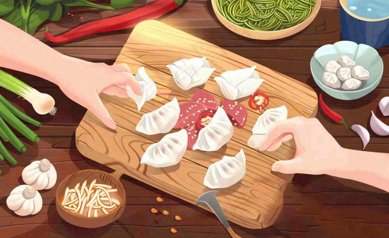 冬至包饺子场景卡通手绘插画背景(1408x864)