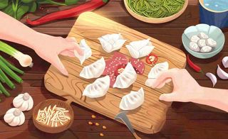 冬至包饺子场景卡通手绘插画背景