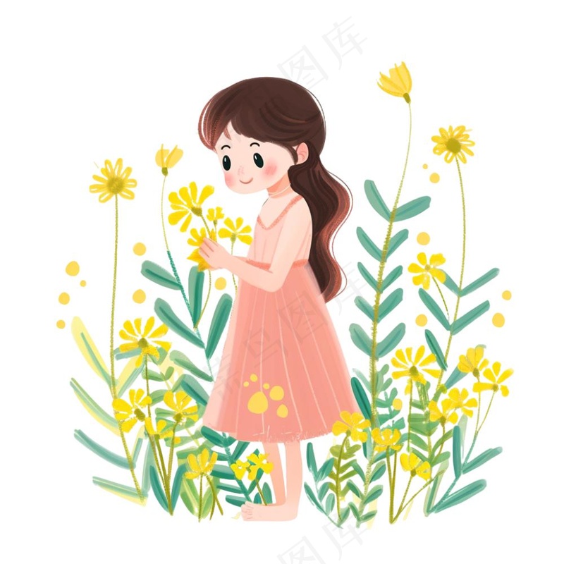 花丛里的女孩春天黄花卡通插画免抠(1024x1024)