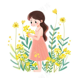 花丛里的女孩春天黄花卡通插画免抠