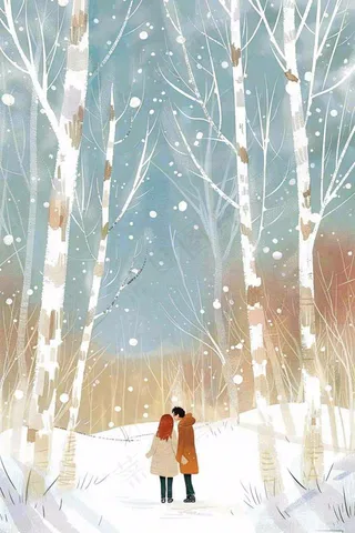 冬天森林里的情侣相拥赏雪白桦树白雪立冬小雪冬至卡通插画背景