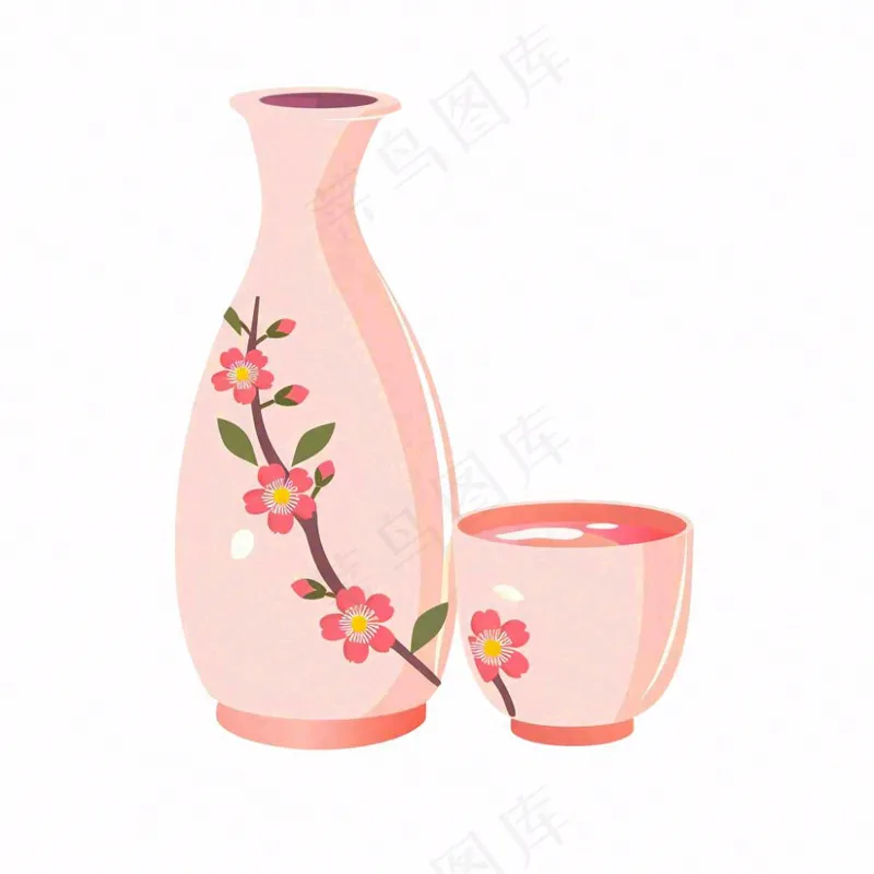 粉色樱花烧酒瓶酒杯水彩插画免抠(1024x1024)