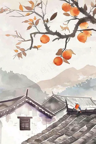 秋天婺源村庄柿子树老式建筑屋檐中国风国画水彩立秋秋分处暑背景