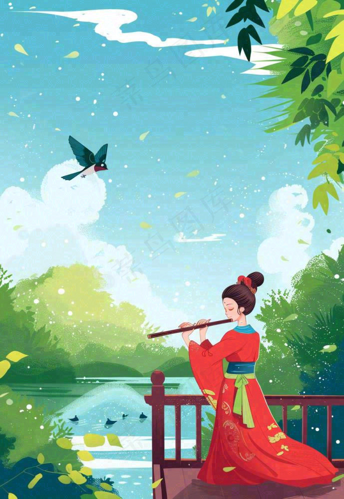 春夏古风女孩游湖吹笛小鸟绿叶大树惊蛰春分立夏清明卡通插画背景(883x1280)