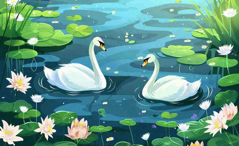 卡通夏天池塘天鹅荷叶荷花荷塘花朵立夏夏至大暑小暑卡通插画背景(1408x864)