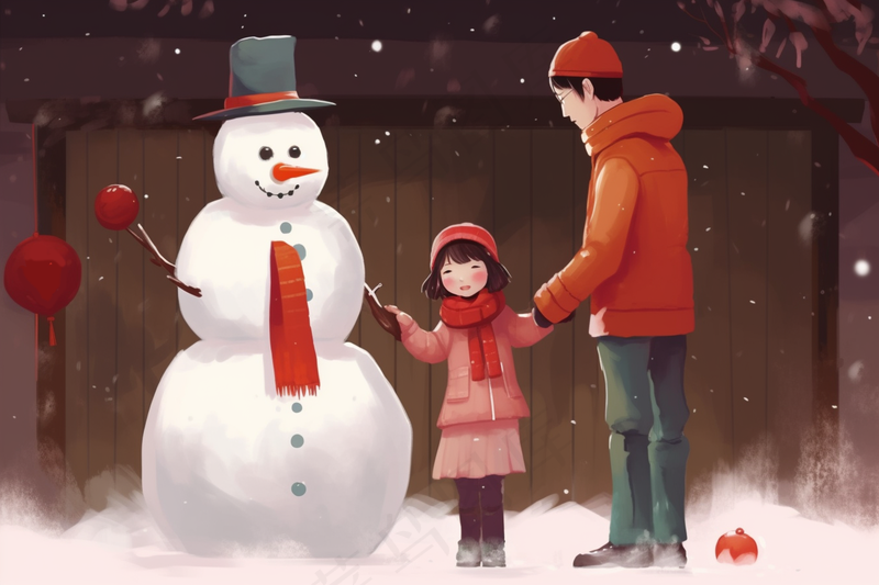冬季家门口堆雪人新年红色卡通插画背景(4032x2688)