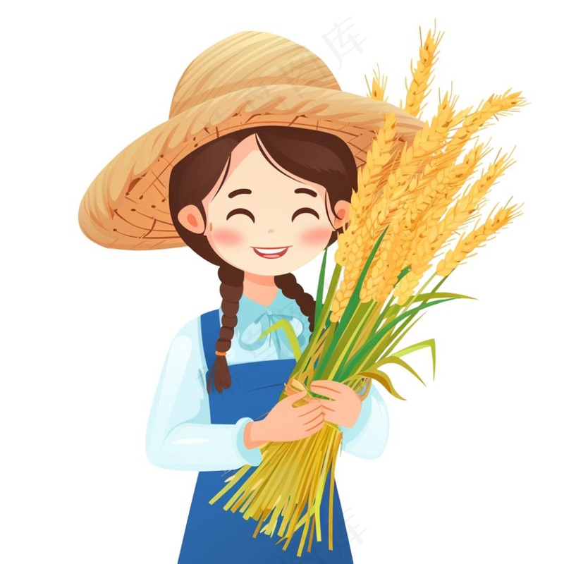 抱着稻穗麦穗的女孩农民卡通插画免抠(1024x1024)