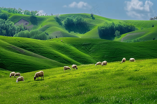 春天草甸草地山坡摄影图