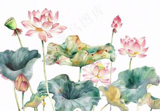夏天荷花荷叶国风水彩画免抠