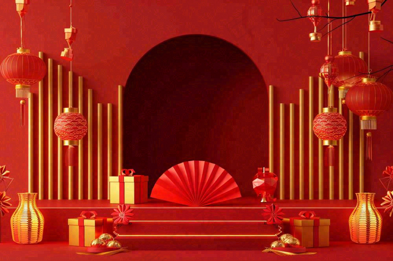 红金创意喜庆新年扇子鼓灯笼C4D展台背景新年春节小年电商背景