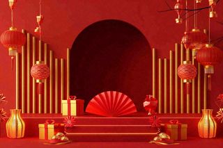 红金创意喜庆新年扇子鼓灯笼C4D展台背景新年春节小年电商背景
