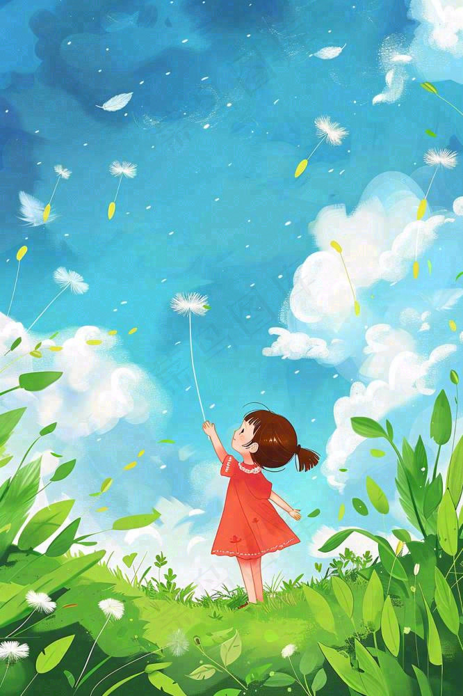 春天蒲公英绿草地蓝天白云红裙子女孩小清新唯美立春春分惊蛰立夏卡通插画背景
