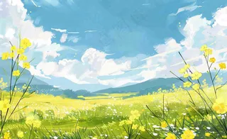 春天油菜花田蓝天白云惊蛰春分卡通插画背景
