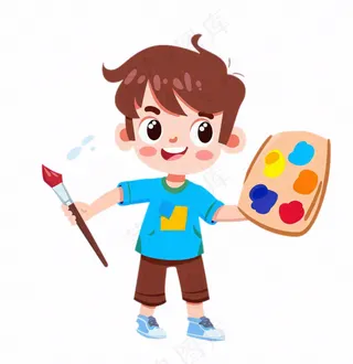 画画美术拿着颜料盘画笔的男孩学生卡通插画免抠