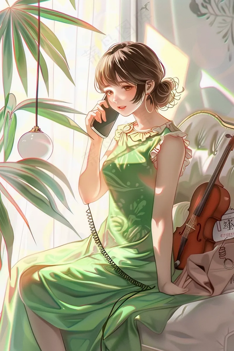 a girl in a green dress is talking on the phone, an anime drawing inspired by Ma Yuanyu, pixiv, realism, lofi girl, soft anime illustration, lofi portrait (2688x4032)