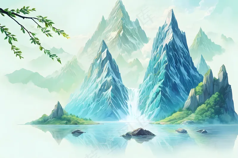 手绘风青色山水节气插画图片