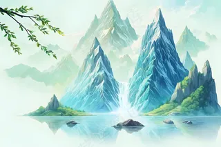 手绘风青色山水节气插画图片